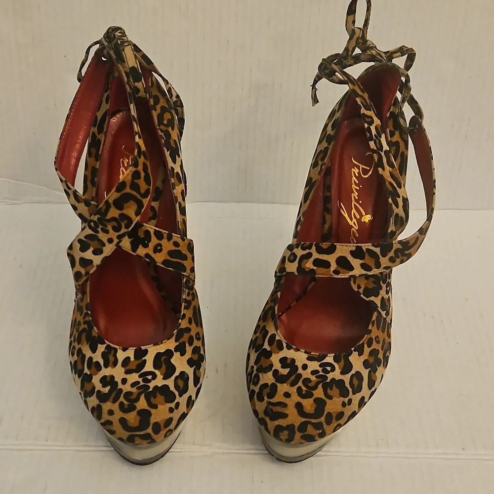 👣PRIVILEGED 😽 Leopard Stilletto Platform "STRIPPER " Heels S 9 - Picture 2 of 8